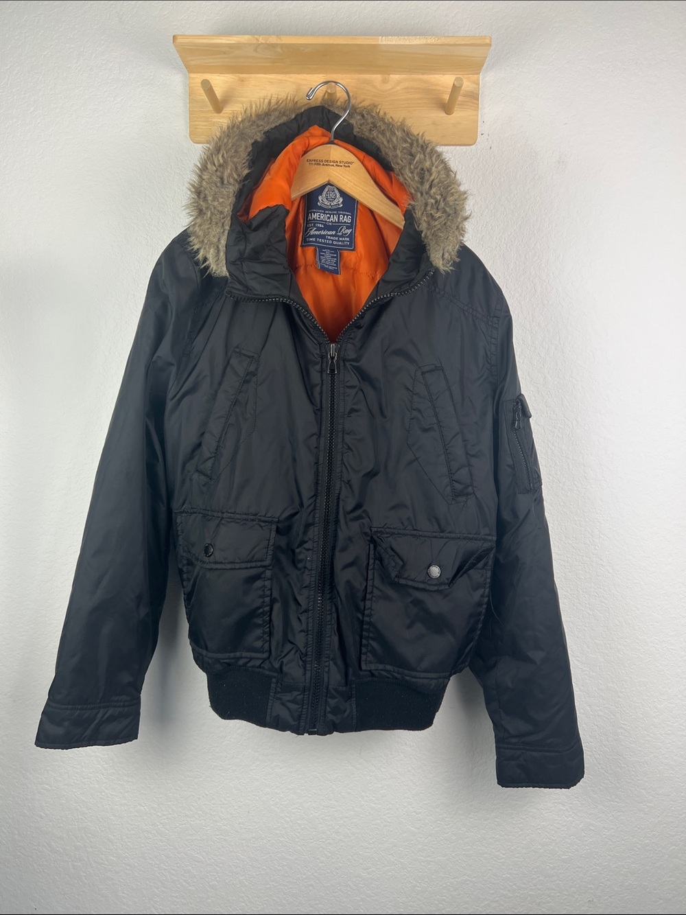 American Rag Kids Black Puffer Jacket with Orange Lining and Faux Fur Trim Sz L